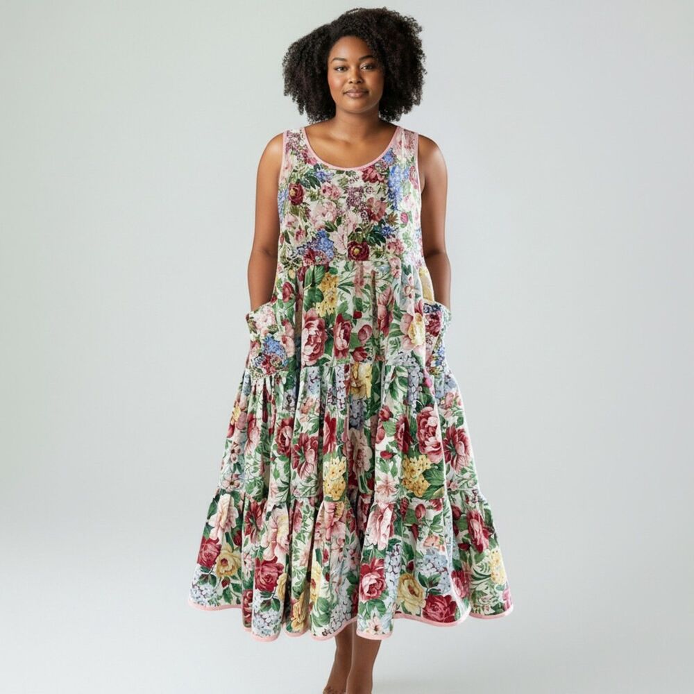 Handmade Floral Tiered Maxi Dress, patch pockets and adjustable straps, Size L